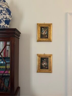 Horchow- Vintage Gold Framed Floral Wall Art Pair - Elegant Home Wall Decor